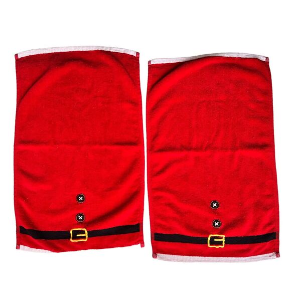 Set of 2 Red Christmas Bathroom Hand Towels Decorative Embroidered Santa Belt - Picture 3 of 8